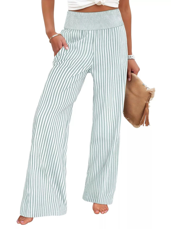 Mint green pinstripe wide leg pants, front view on a white background