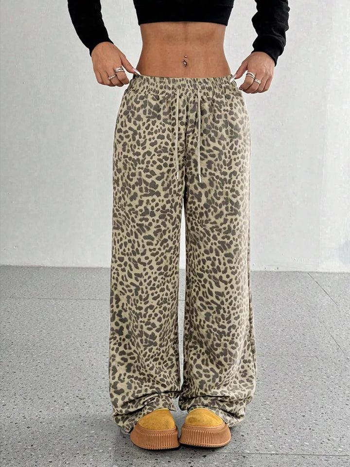 Khaki leopard print pants close-up of the drawstring waist