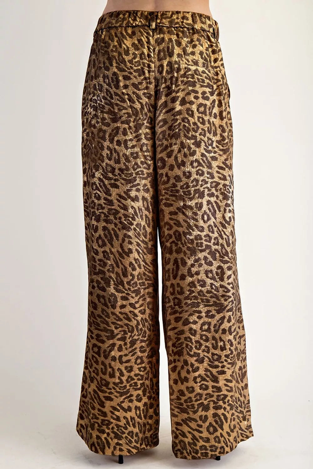 Back view of the metallic leopard print wide leg pants