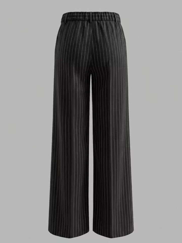 Pinstripe high waist pleated front in black, back view