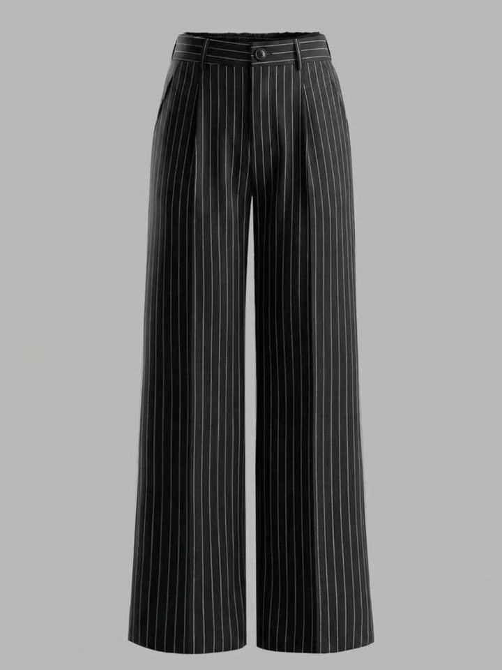 Pinstripe high waist pleated front in black, front view 2
