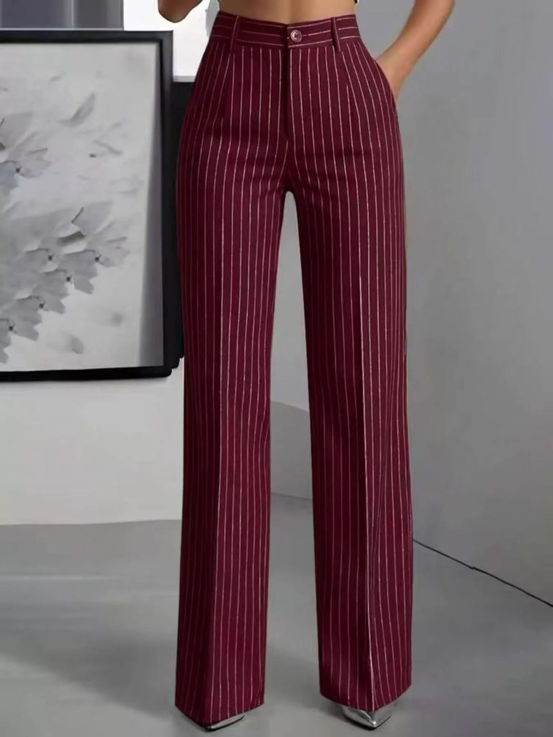 Pinstripe high waist pleated front in crimson, front view