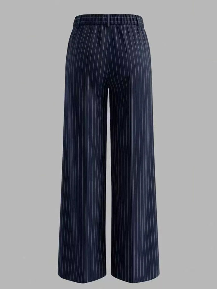 Pinstripe high waist pleated front in dark blue, back view