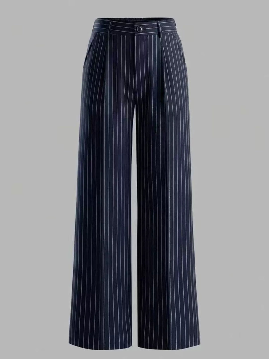 Pinstripe high waist pleated front in dark blue, front view 2