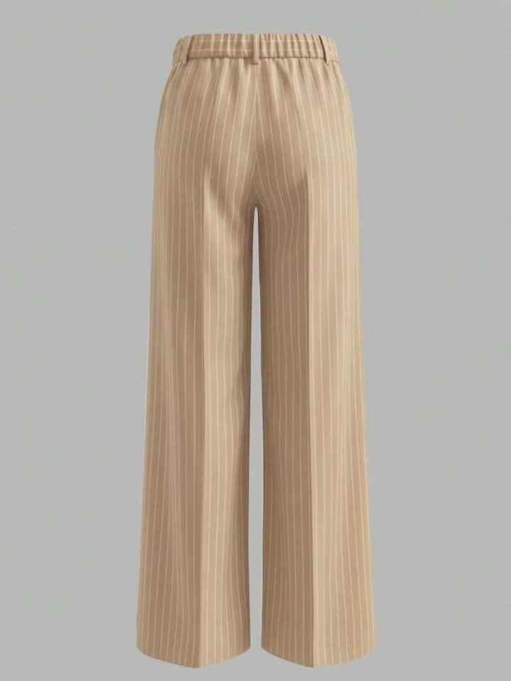 Pinstripe high waist pleated front in khaki color, back view