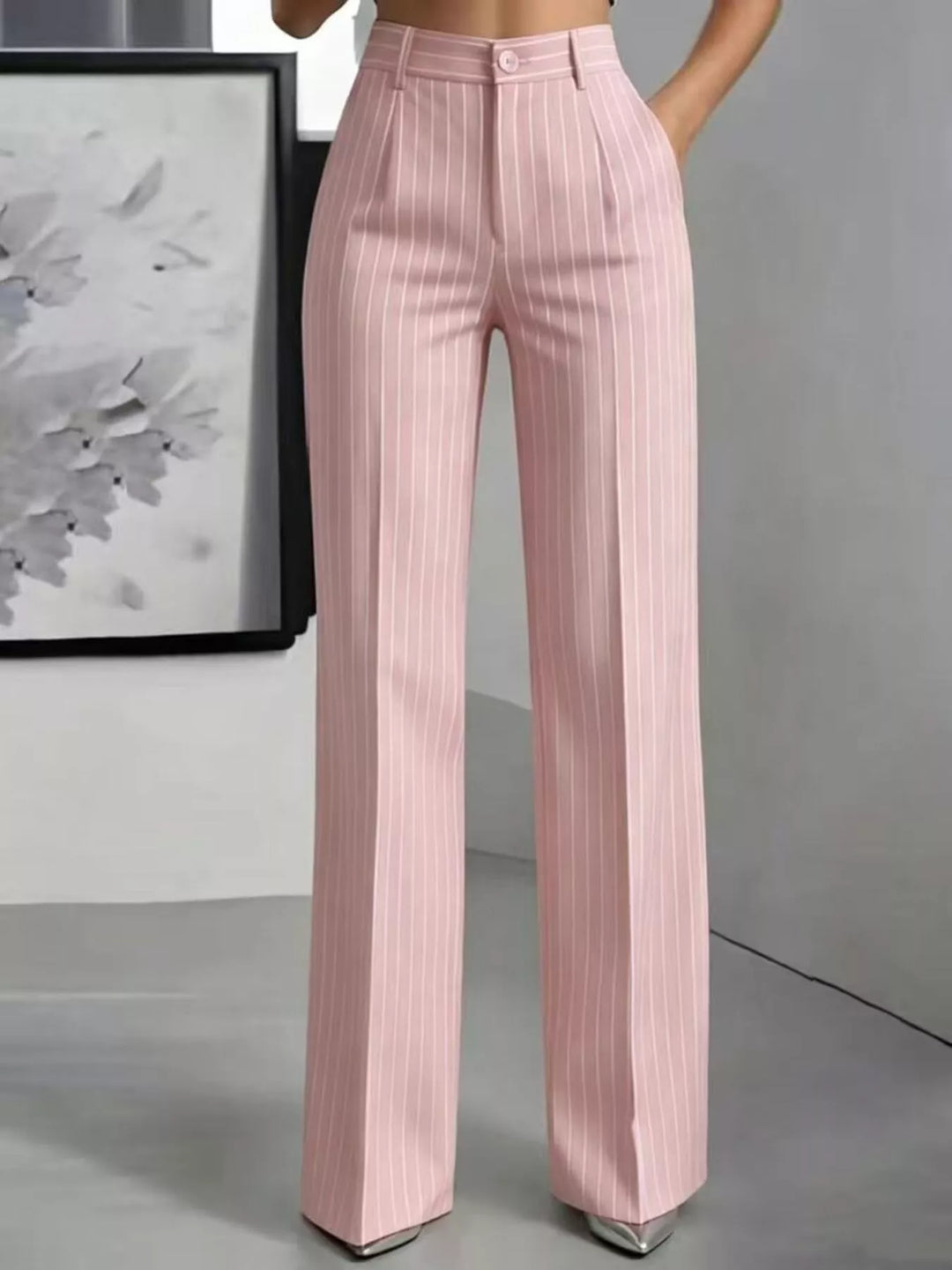 Pinstripe high waist pleated front in light pink, front view