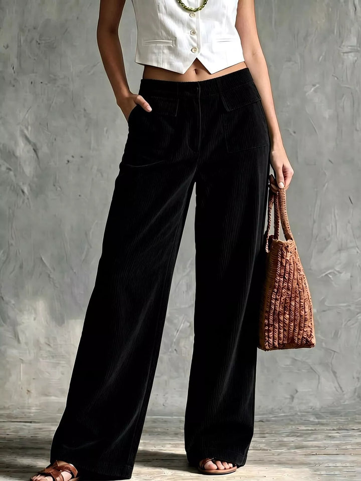 Black ribbed texture wide leg pants, full length front view