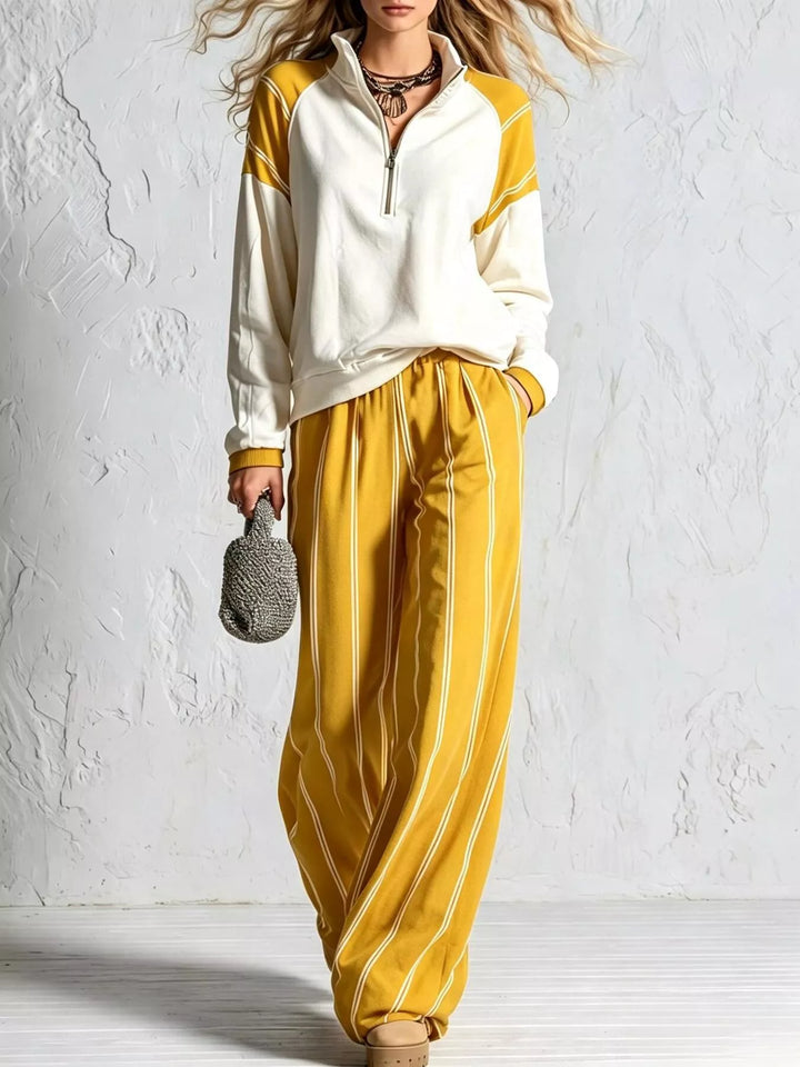 Mustard striped wide leg pants set with quarter zip raglan pullover