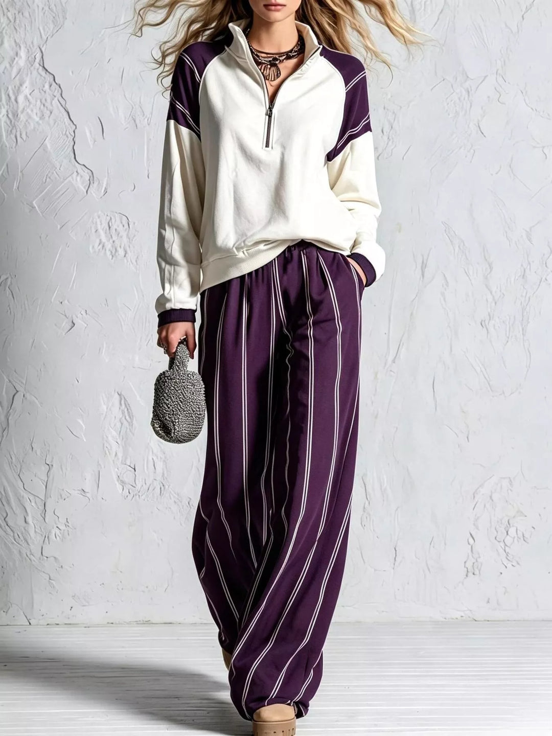 Plum striped wide leg pants set with cream quarter zip pullover