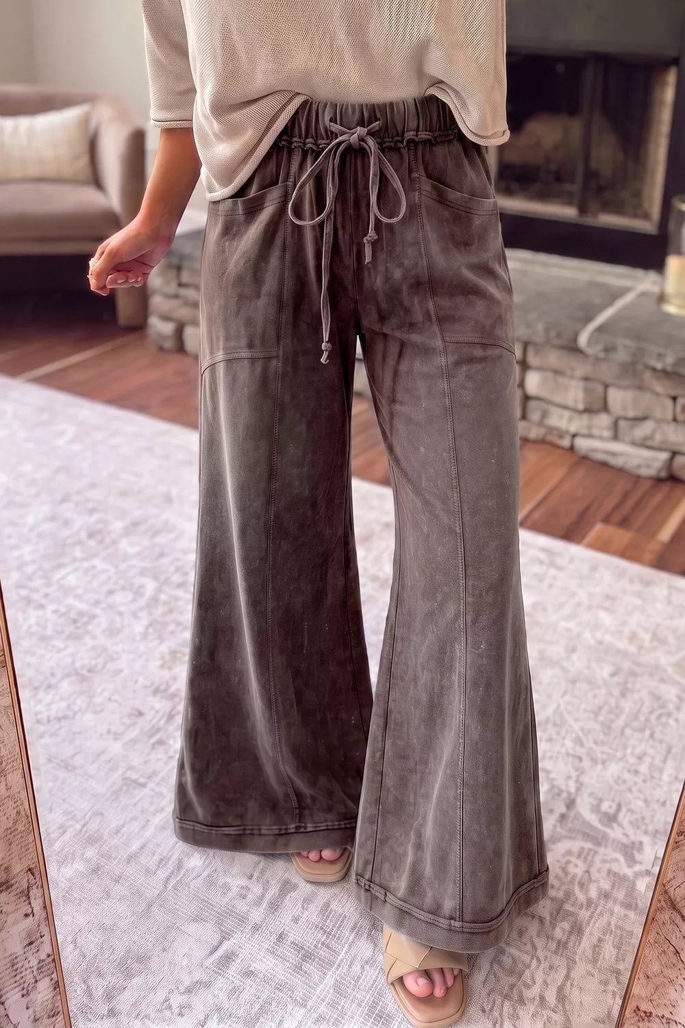 Women's wide leg pants in coffee brown, washed look with drawstring waist, front view
