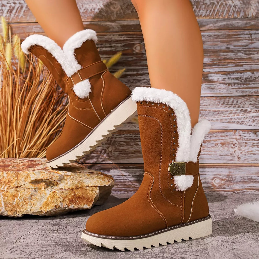 Cognac mid calf winter boots with white faux fur trim and strap detail
