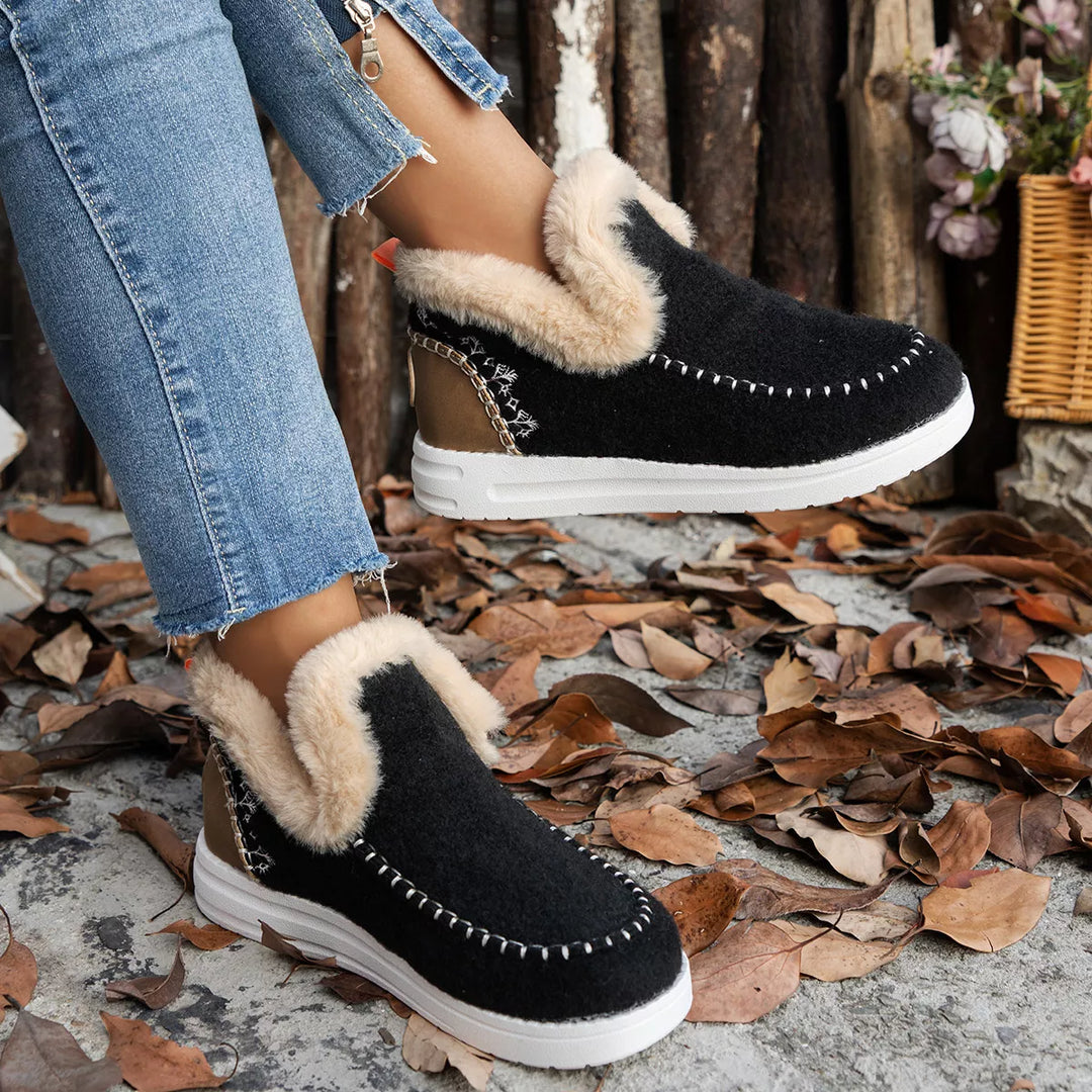 Black plush collar winter boots, side view with white sole