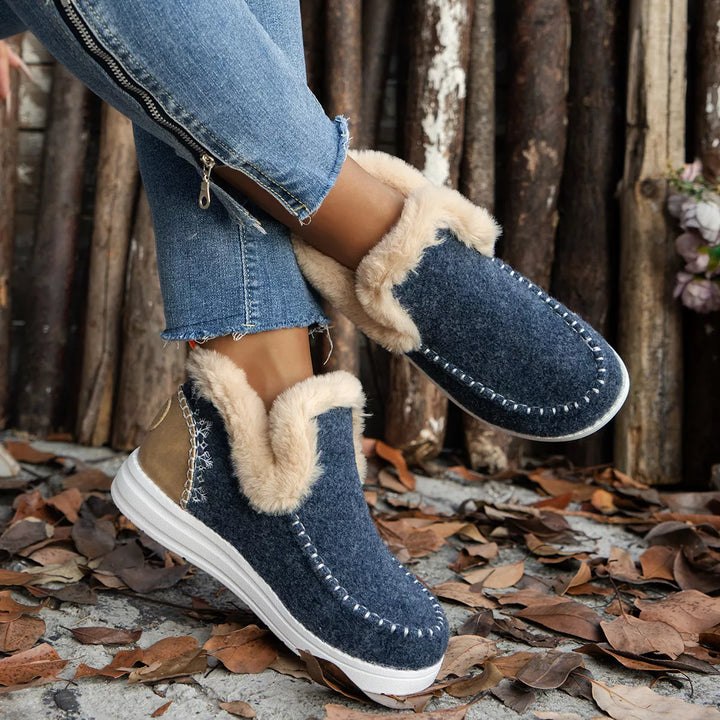 Denim blue slip on ankle boots with plush collar and stitched trim