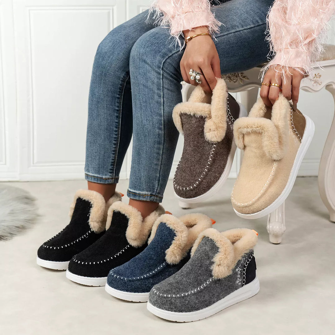 Women's winter boots in five colors with plush collars, shown together with jeans