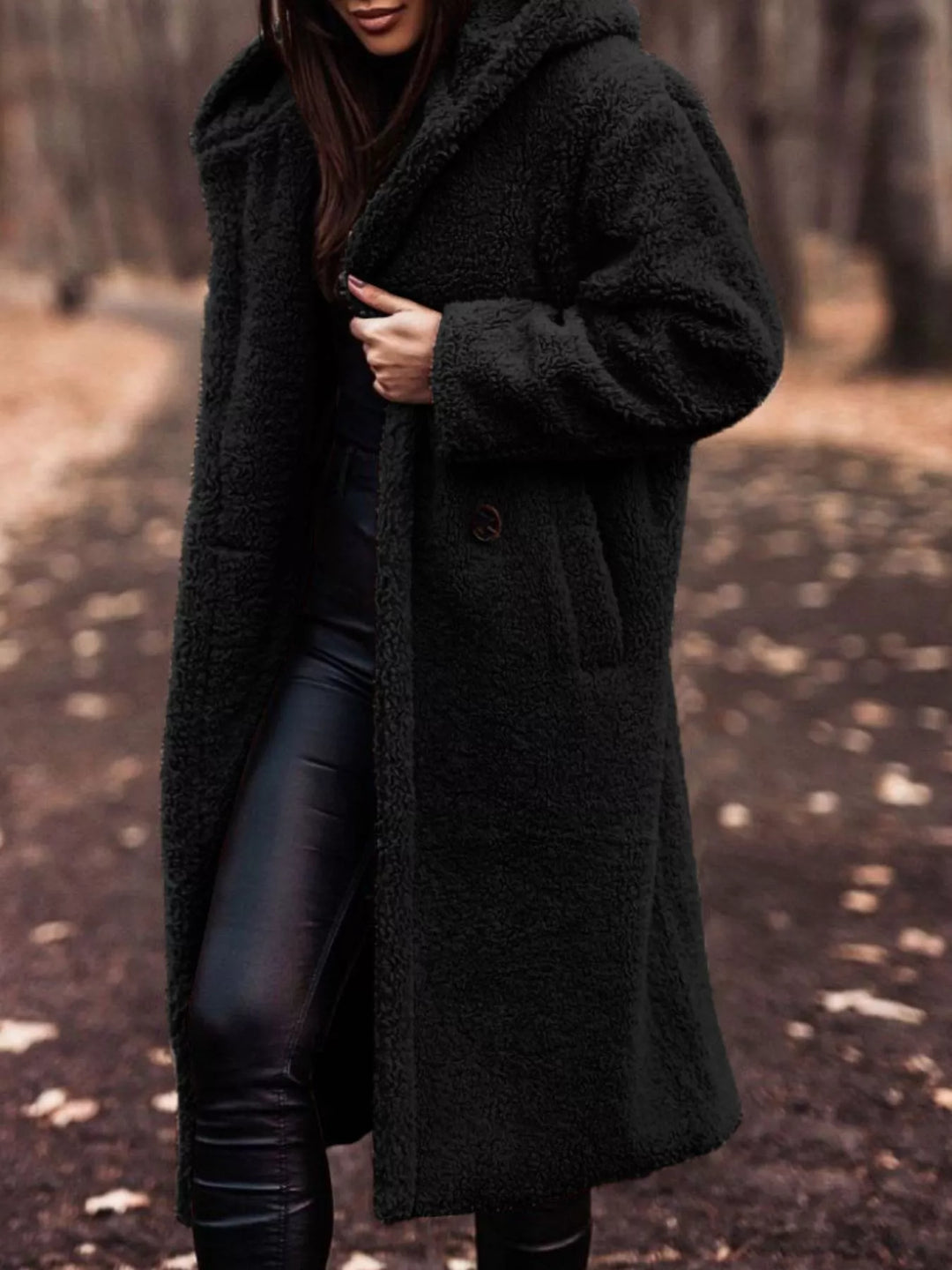 Black plush hooded longline winter coat with open front, full front view