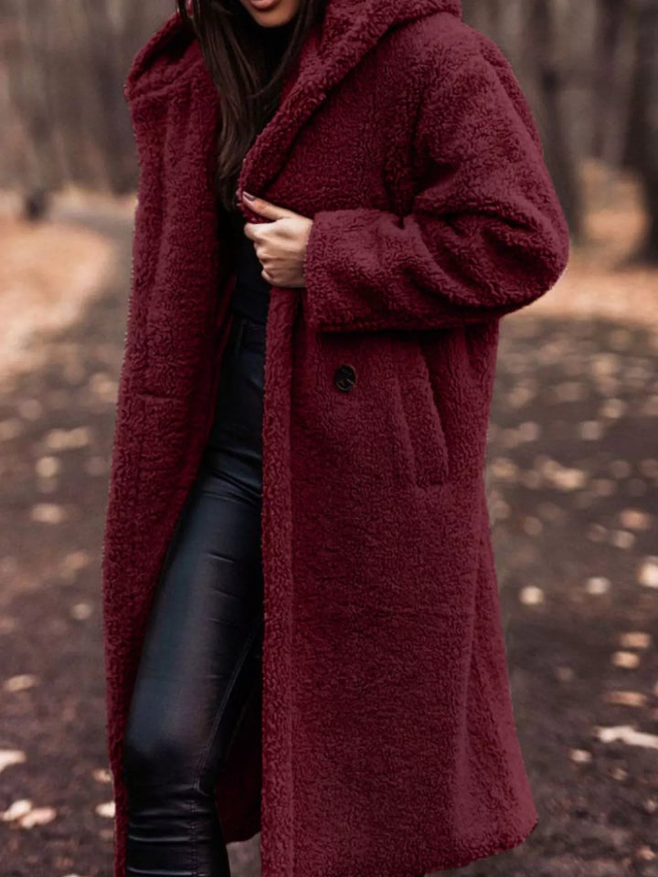 Burgundy plush hooded longline winter coat with open front, full front view