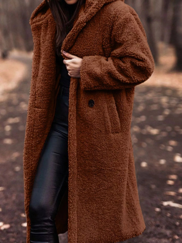Rust plush hooded longline winter coat with open front, full front view