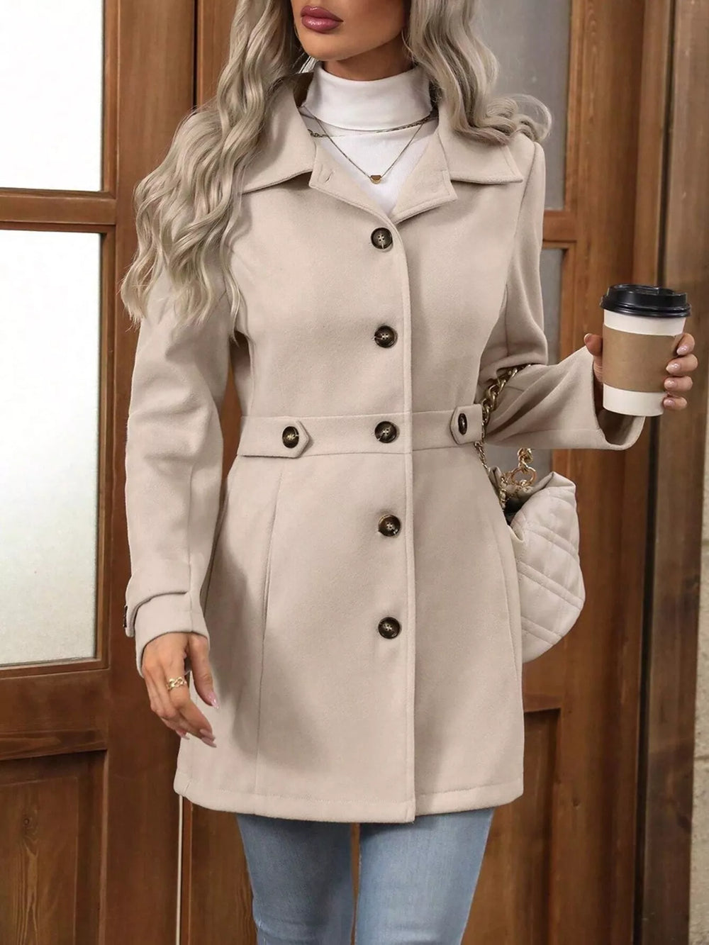 Beige belted waist coat with a white turtleneck, holding a coffee cup