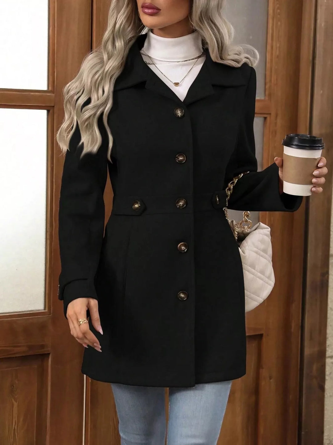Black collared coat buttoned up, front view with coffee cup