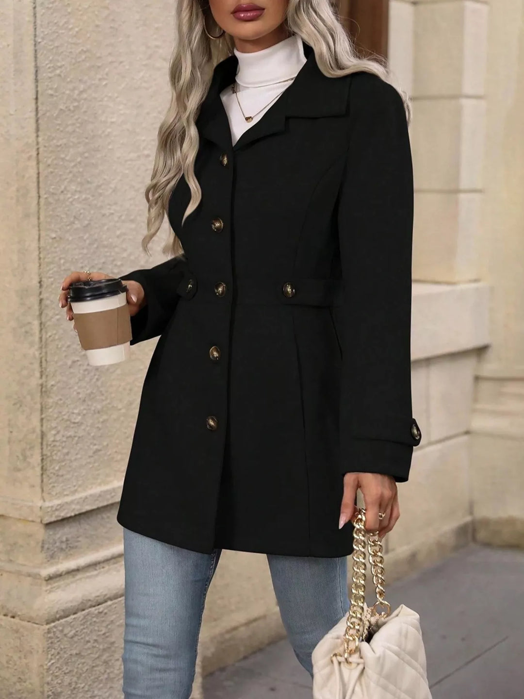 Black belted waist coat in a three quarter side view