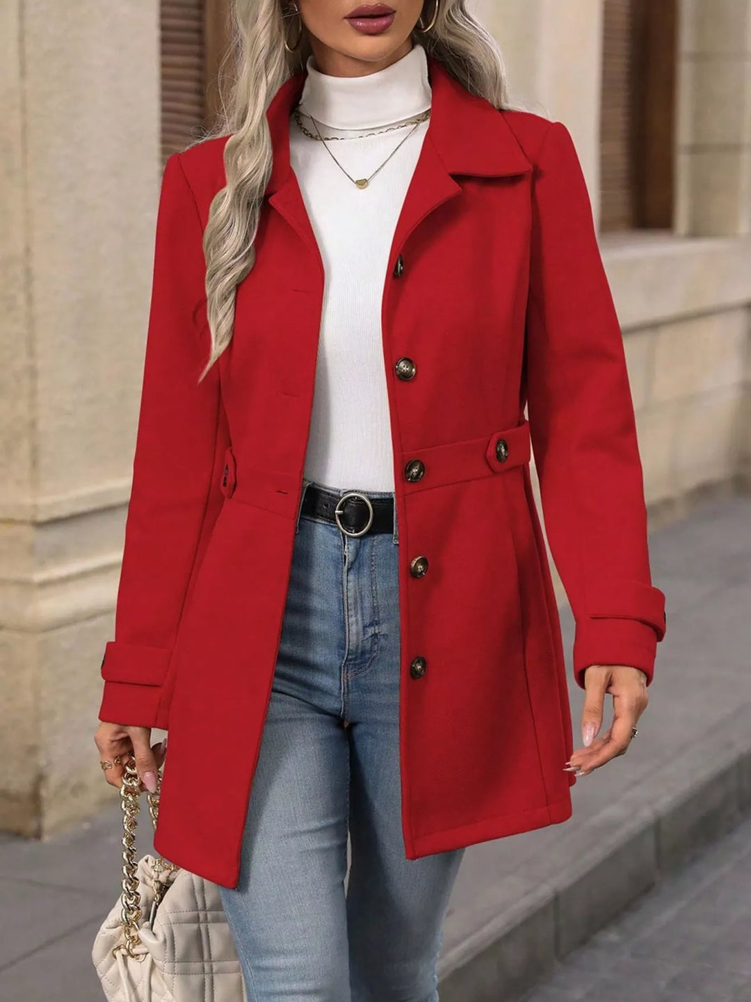 Red single breasted winter coat with collar, front view with quilted bag
