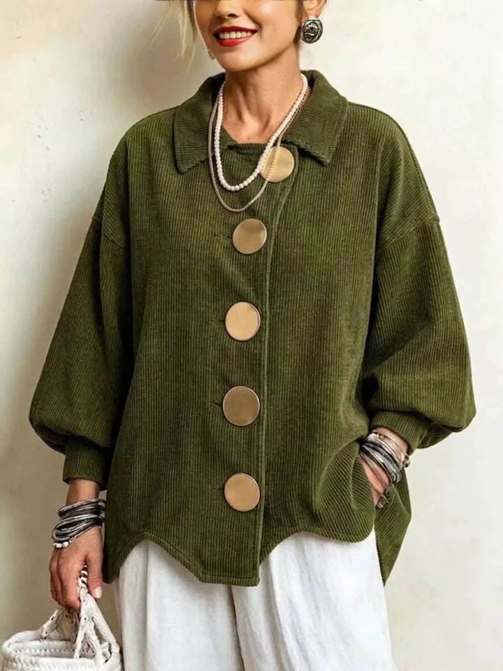 Women's winter jacket in army green, corduroy-look scalloped hem round buttons