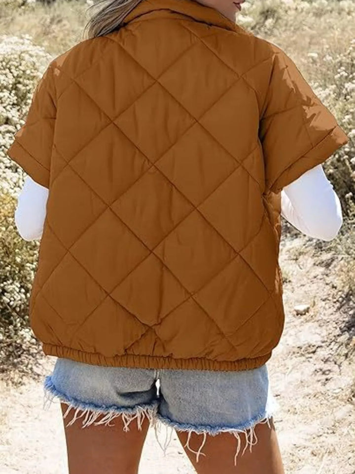 Diamond quilted short sleeve zip in caramel, back view