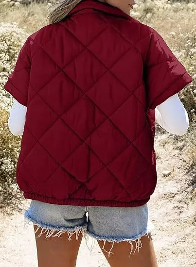 Diamond quilted short sleeve zip in deep red, back view