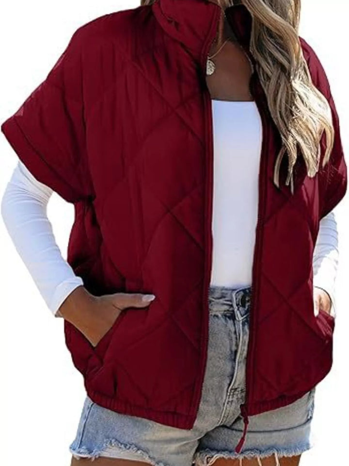 Diamond quilted short sleeve zip in deep red, front view 2