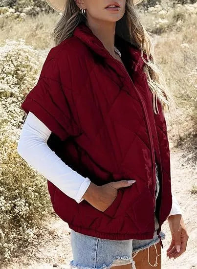 Diamond quilted short sleeve zip in deep red, front view