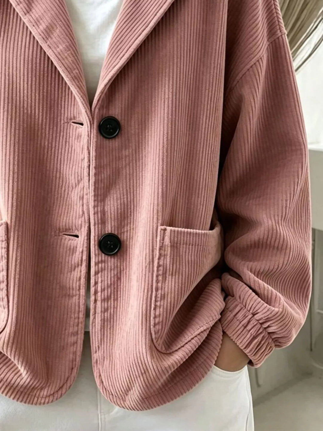 Hooded corduroy-look button front in dusty pink, close-up detail 2