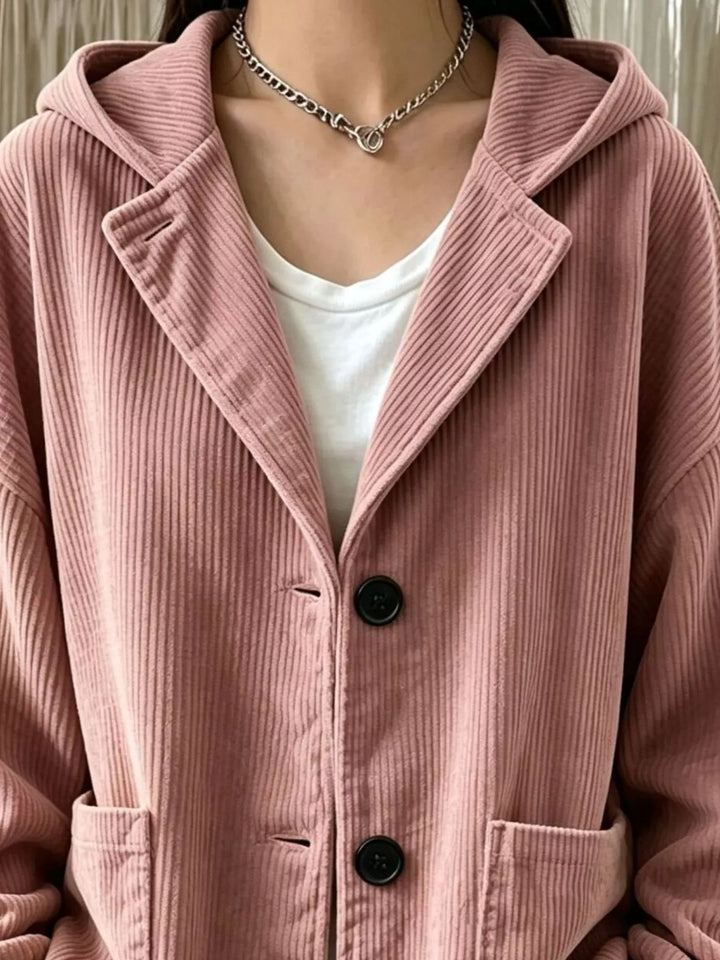 Hooded corduroy-look button front in dusty pink, close-up detail