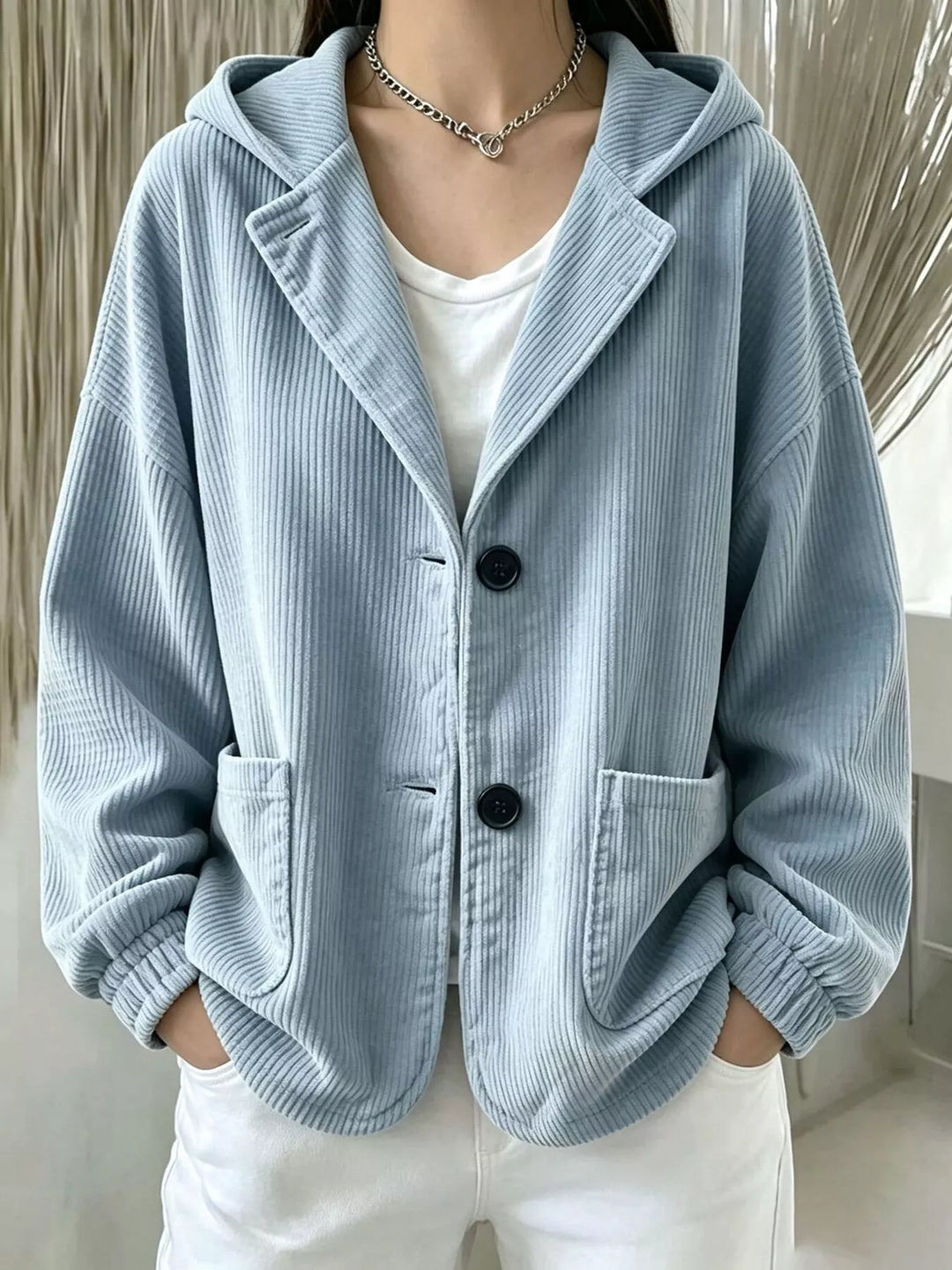 Hooded corduroy-look button front in light blue, front view