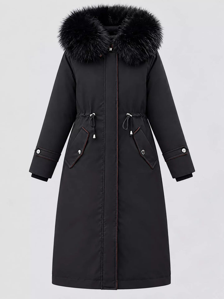 Faux fur hood drawstring waist longline in black, flat lay