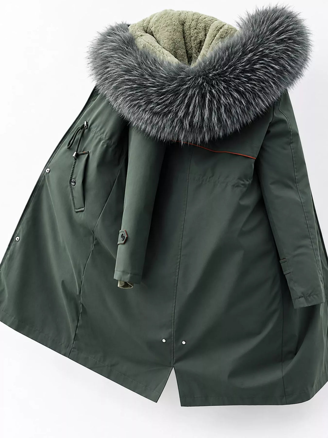 Faux fur hood drawstring waist longline in dark green, flat lay