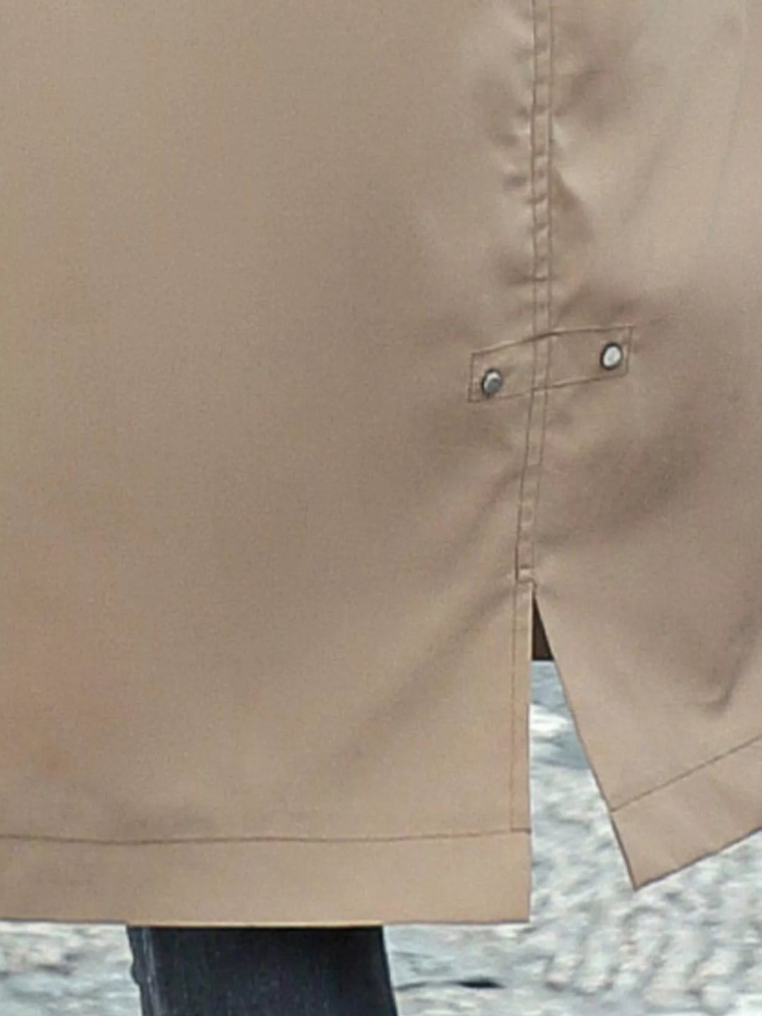 Faux fur hood drawstring waist longline in khaki, close-up detail 3