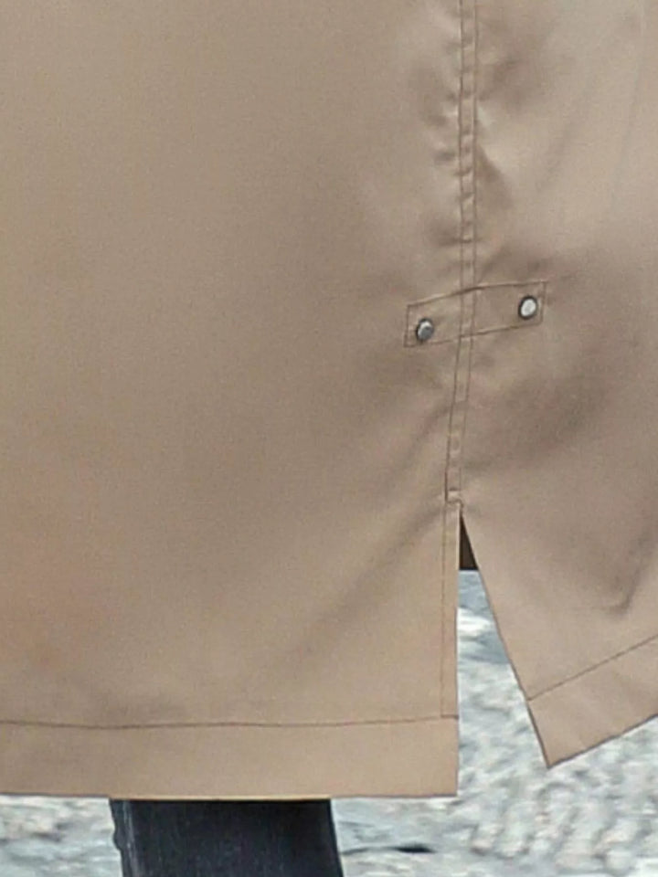 Faux fur hood drawstring waist longline in khaki, close-up detail 3