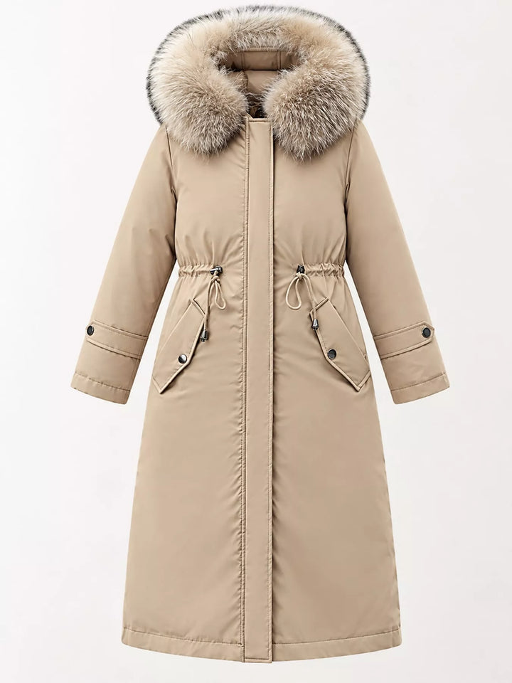Faux fur hood drawstring waist longline in khaki, flat lay