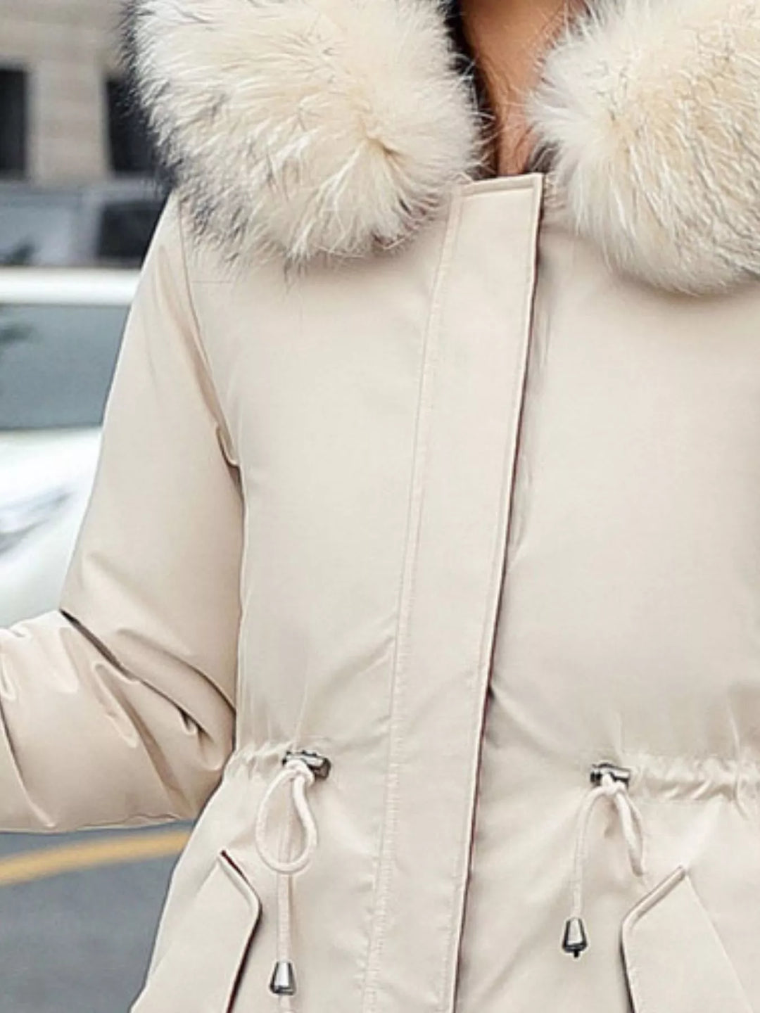 Faux fur hood drawstring waist longline in off-white, close-up detail 2