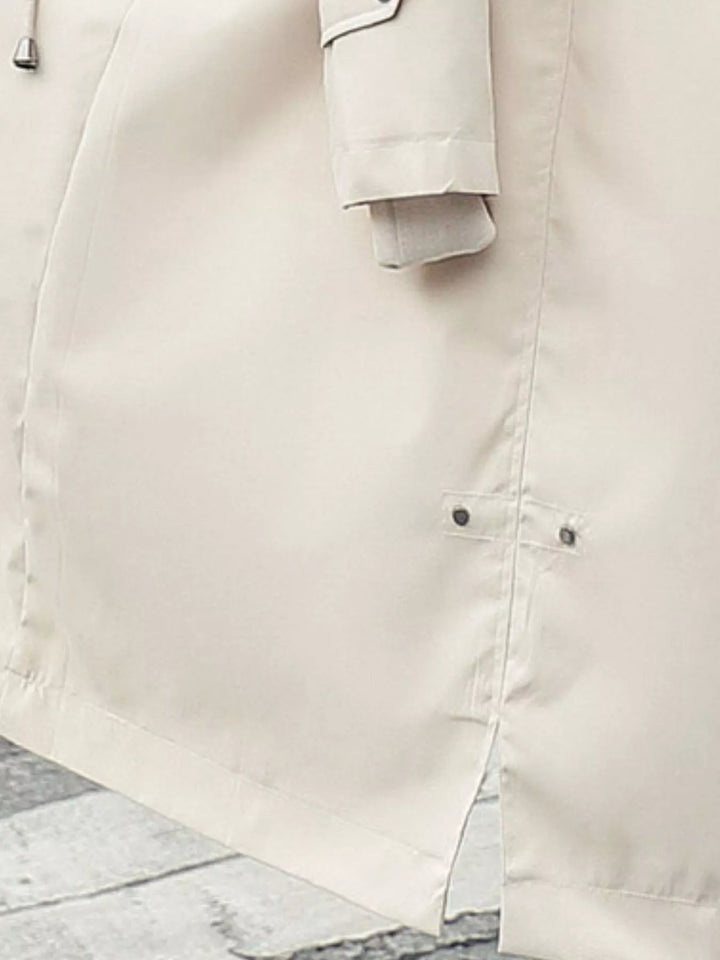 Faux fur hood drawstring waist longline in off-white, close-up detail 4