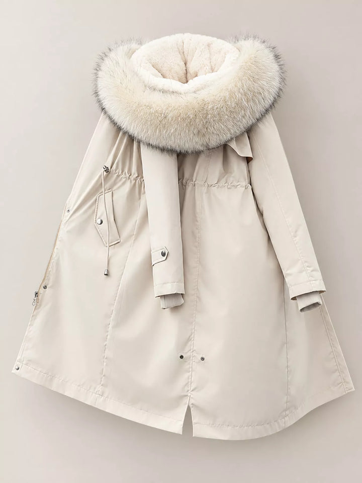 Faux fur hood drawstring waist longline in off-white, flat lay