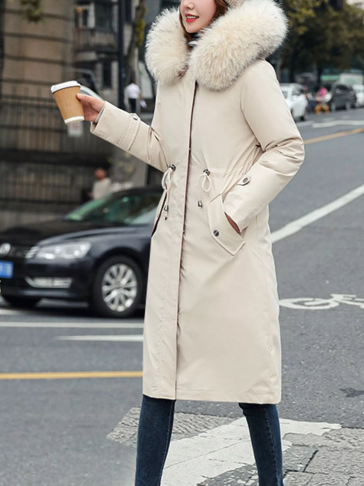 Faux fur hood drawstring waist longline in off-white, front view