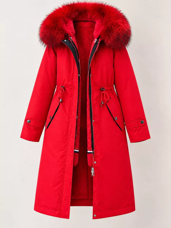 Faux fur hood drawstring waist longline in red, flat lay