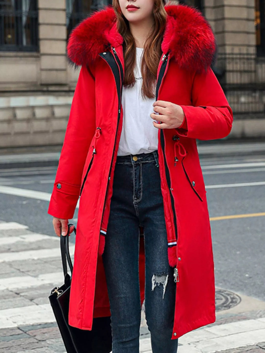 Faux fur hood drawstring waist longline in red, front view