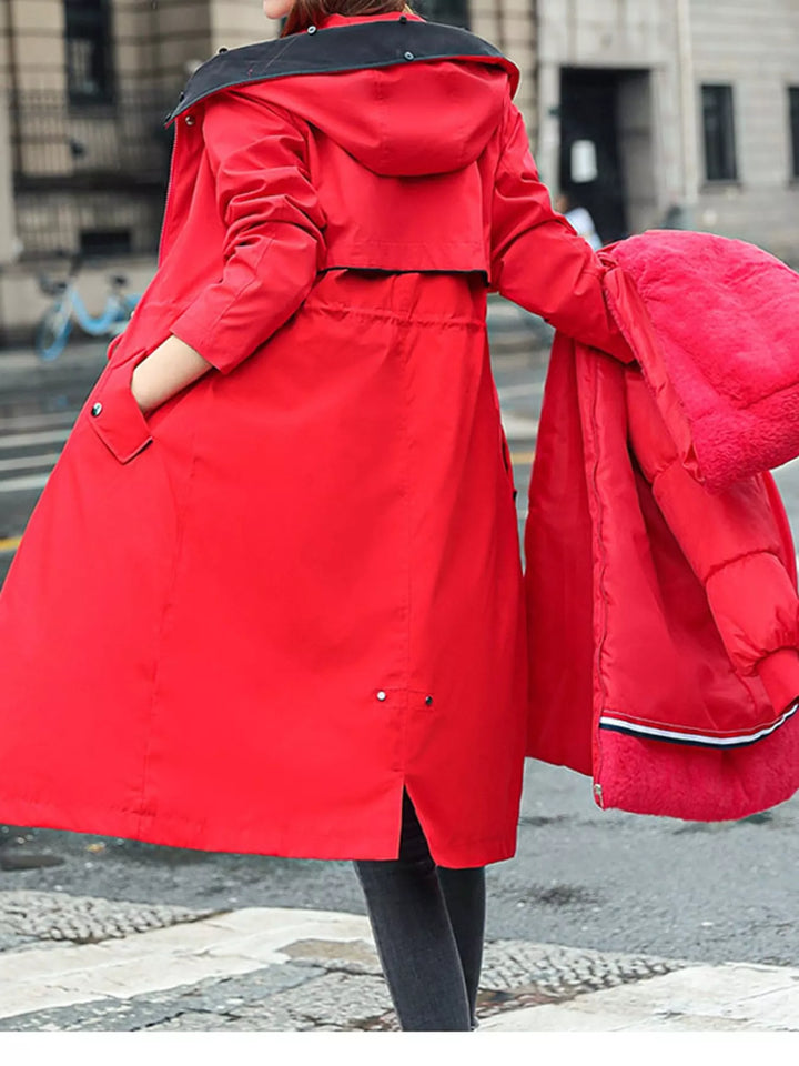 Faux fur hood drawstring waist longline in red, styled on model 2
