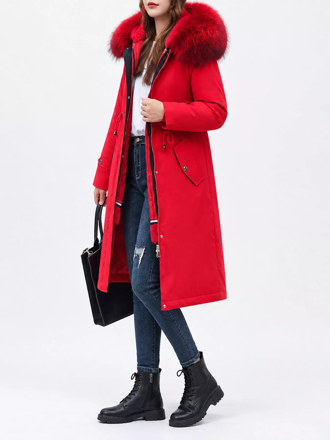 Faux fur hood drawstring waist longline in red, styled on model