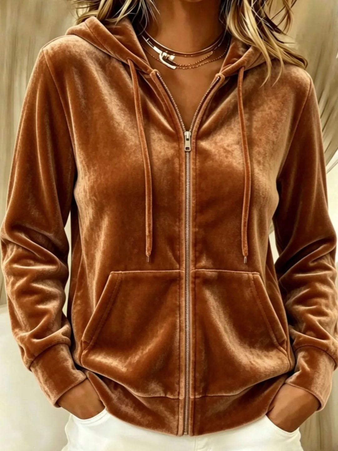 Velvet-look drawstring kangaroo pocket in caramel, front view
