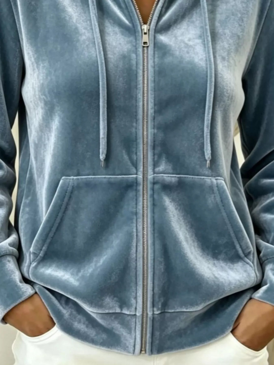 Velvet-look drawstring kangaroo pocket in sea blue, close-up detail 2