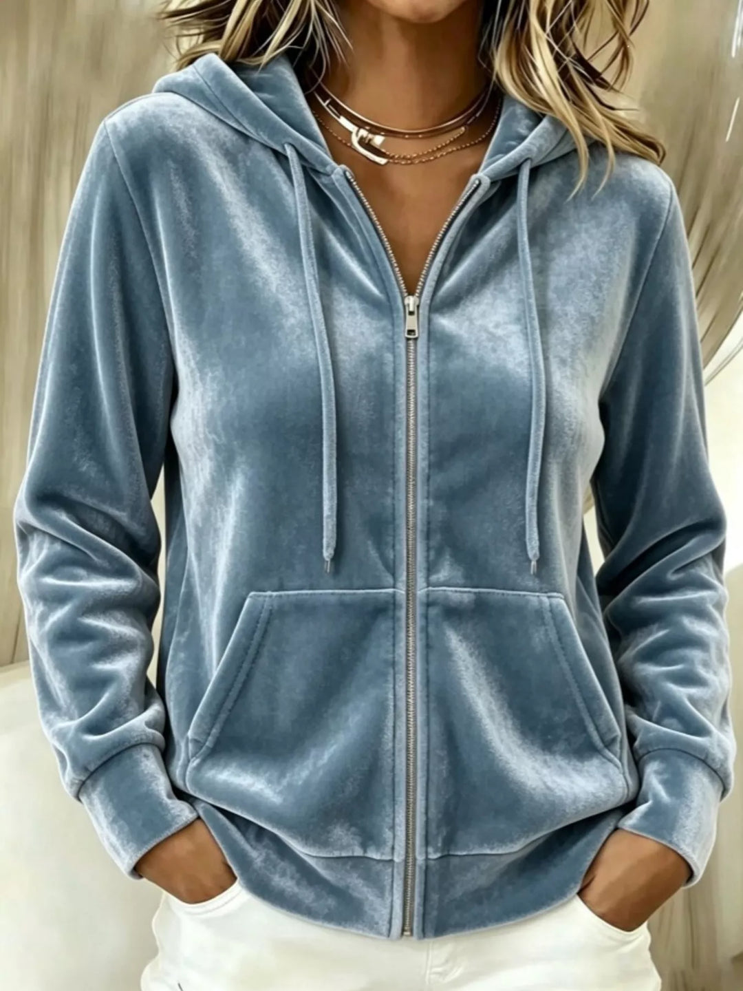 Velvet-look drawstring kangaroo pocket in sea blue, front view
